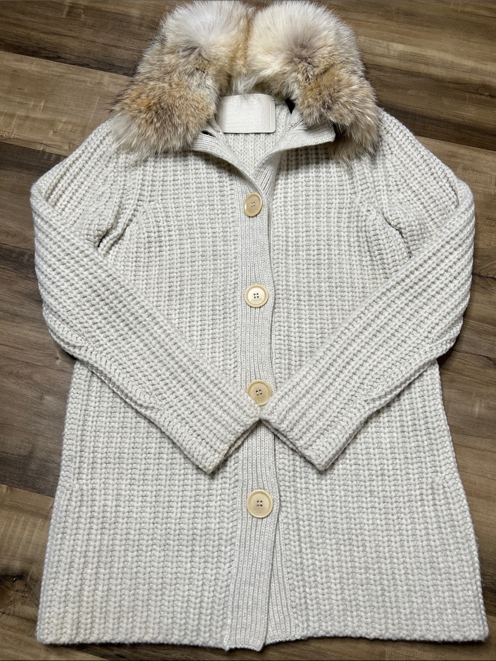 Coach Chunky Knit Luxurious Cardigan with Coyote Fur Collar In Oatmeal Color